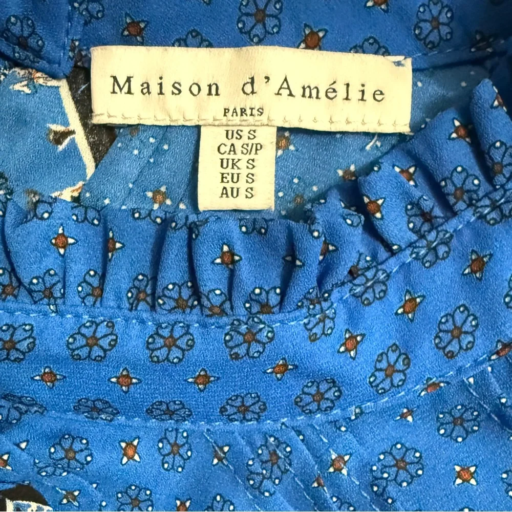 Boho Blue Blouse Balloon Sleeve Ruffle Neck Lightweight S
